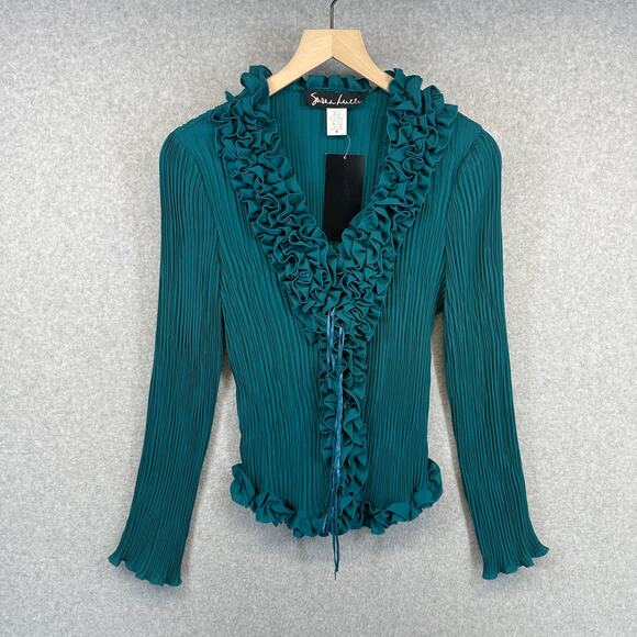 Susan Lucci Blouse Top Womens Medium Teal Green 100% Polyester Pleated Ruffled - Picture 1 of 15